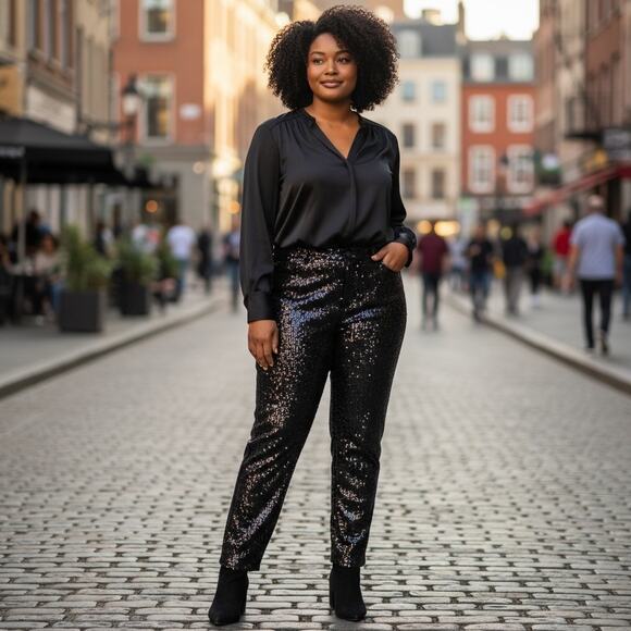 NWT Lane Bryant Signature Fit Boyfriend Sequin Pants Black Mid Rise SZ 24 Curvy - Picture 1 of 16